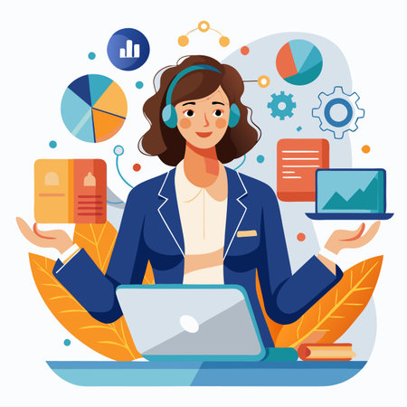 Woman surrounded by charts, icons, and tech devices, suggesting a data-driven work environmentのイラスト素材