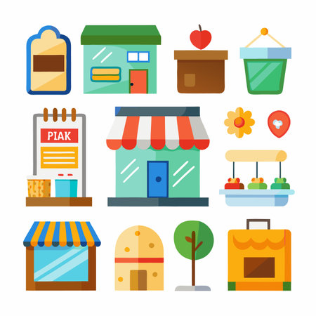 Cute vector icons of shops, markets, and displays in a simple, flat design styleのイラスト素材