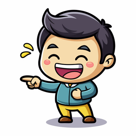 Cartoon man laughing, pointing finger, with rosy cheeks and happy expressionのイラスト素材