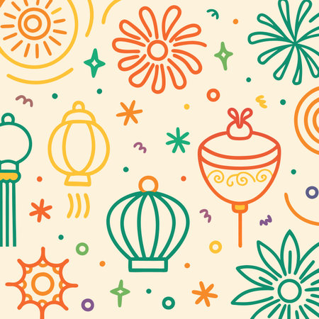 Festive pattern with colorful lanterns, flowers, stars, and geometric shapes on a cream backgroundのイラスト素材