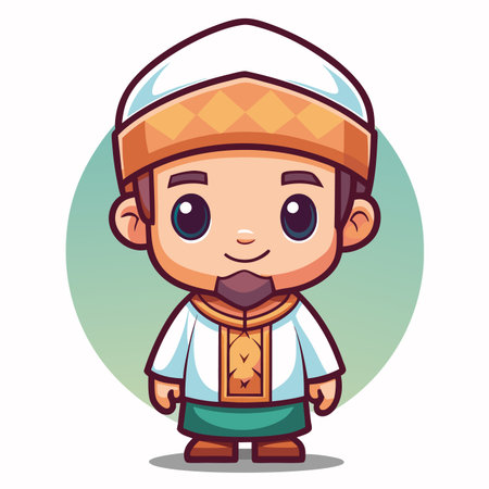 Cartoon Muslim boy, wearing traditional clothing, on a gradient circleのイラスト素材