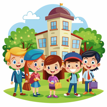 Children stand before a schoolhouse. Trees, blue sky and clouds. Illustrationのイラスト素材