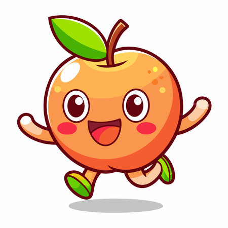 Running apricot cartoon. Joyful, friendly, round fruit with arms, legs, and a cute, smiling faceのイラスト素材