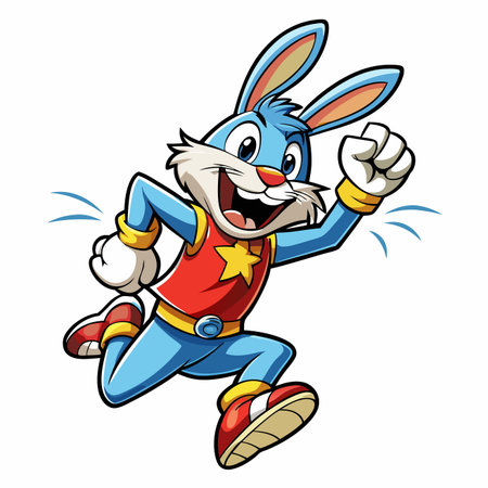 Animated blue rabbit running happily with a red shirt and excited facial expressionのイラスト素材