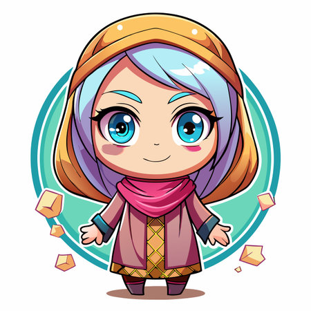 Cartoon girl with big eyes, pastel hair, tunic, robe, and a halo-like headdress