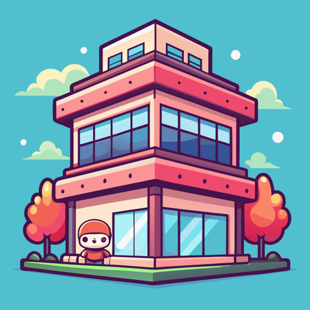 Cartoon building with rounded elements and a small character standing nearのイラスト素材