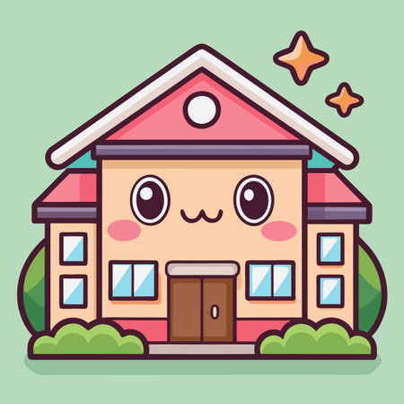 Cute house with big eyes, smiling, pink roof, brown door, green backgroundのイラスト素材