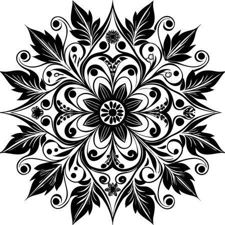 Floral mandala Elegant, symmetrical design with leaves and intricate swirls in a black and white vector graphicのイラスト素材