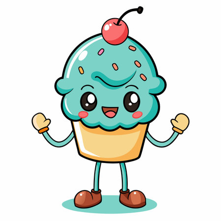 Cute, stylized cupcake with arms, legs, cherry, and sprinklesのイラスト素材