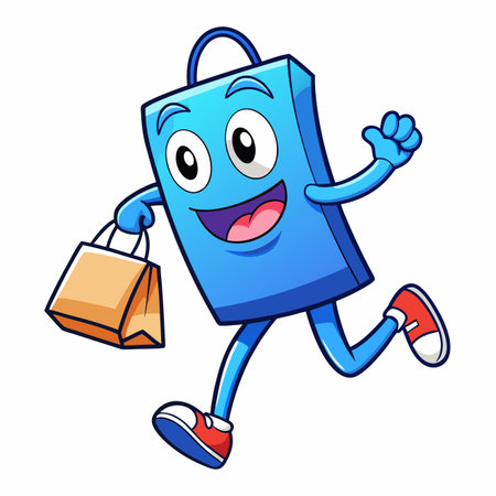 Happy blue bag runs with a brown shopping bagのイラスト素材