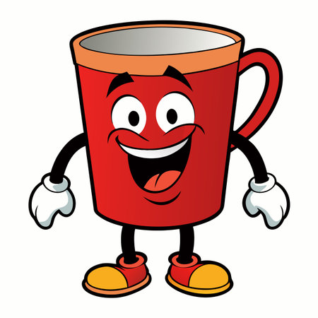 Cheerful red mug character with smiling face, arms, and legs posing on a white backgroundのイラスト素材