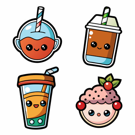 Cute cartoon sweets. Four beverages and a cupcake with adorable kawaii faces and outlinesのイラスト素材