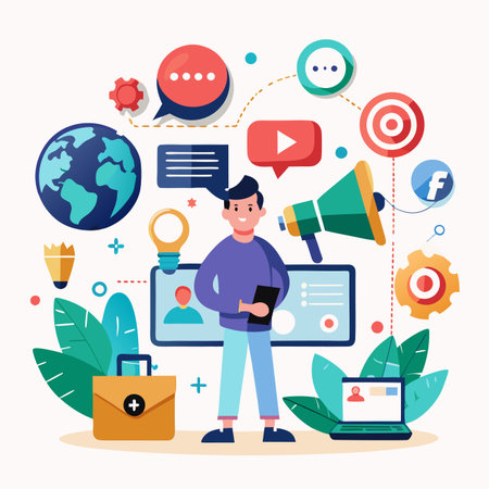 Marketing Man standing surrounded by digital icons. World, bulb, laptop, target, megaphone, chat, gears, and social mediaのイラスト素材