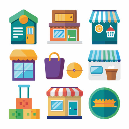Storefronts Various colorful store icons with awnings, doors, and unique architectural detailsのイラスト素材