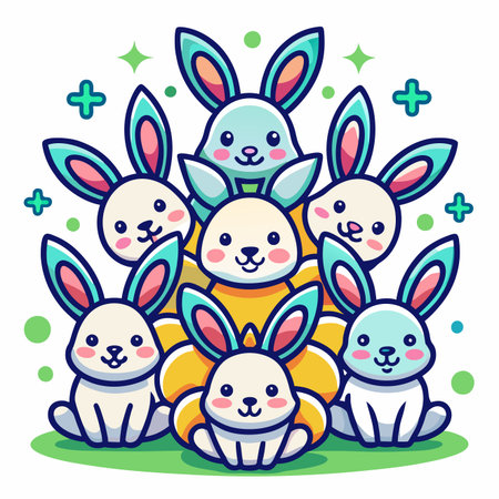 Cartoon rabbits arranged in pyramid, cute, friendly. Easter, spring, festive. Whimsical, joyous animal graphicのイラスト素材
