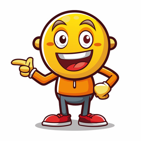 Cartoon character pointing left with a smile, wearing clothes and shoes, standing on a gray surfaceのイラスト素材