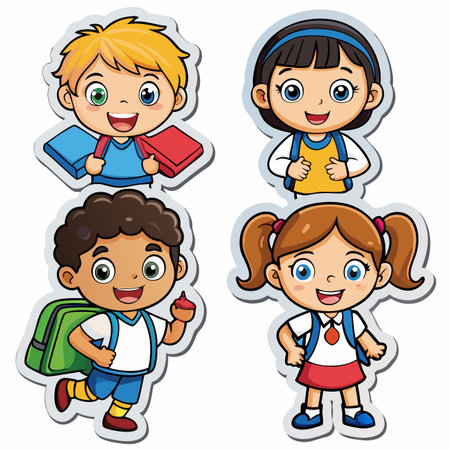 Four diverse cartoon schoolchildren, smiling and ready to learn, with school bagsのイラスト素材