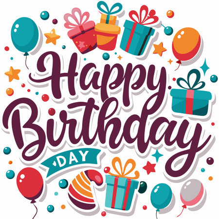 Cartoon "Happy Birthday" graphic with gifts, balloons, stars, and colorful confettiのイラスト素材