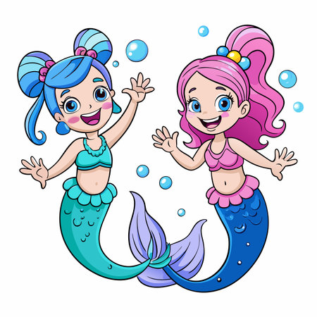 Two cute cartoon mermaids waving, with bubblesのイラスト素材