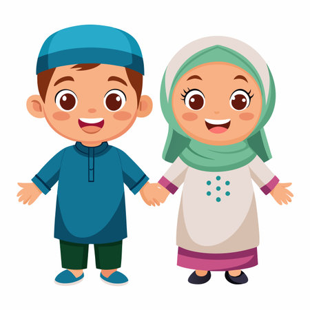 Cartoon illustration of two smiling children dressed in cultural clothing, holding hands, on whiteのイラスト素材