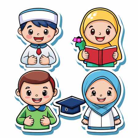 Muslim children illustration set with various outfits. Cheerful and educational conceptのイラスト素材