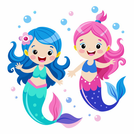Two happy cartoon mermaids swimming with bubbles in bright colors on a white backgroundのイラスト素材