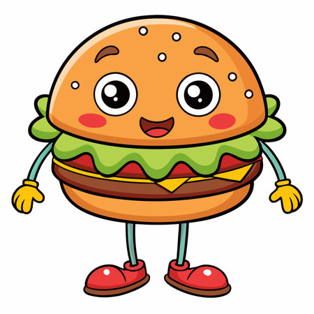 Smiling cartoon burger with arms and legs, looking cheerful and appetizingのイラスト素材
