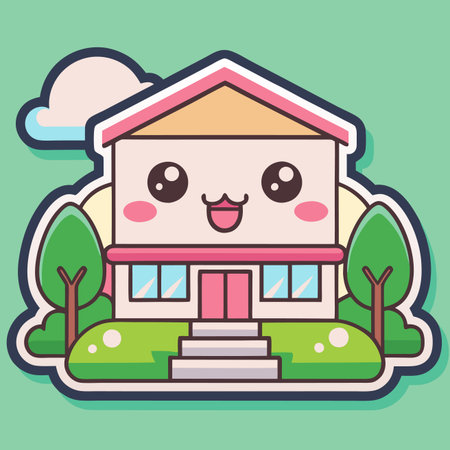 Cartoonish house with kawaii face, trees, stairs, cloud, against a soft green backgroundのイラスト素材