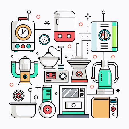 Kitchen appliances arranged with geometric shapes and vivid color highlights on a white backgroundのイラスト素材