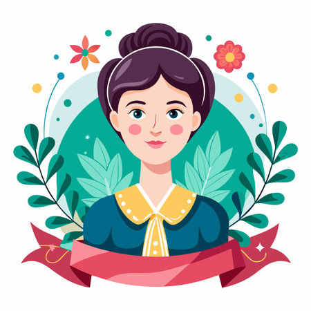 Woman portrait illustration with bun hairstyle, greenery, ribbon, and round backdrop. Vector graphicのイラスト素材