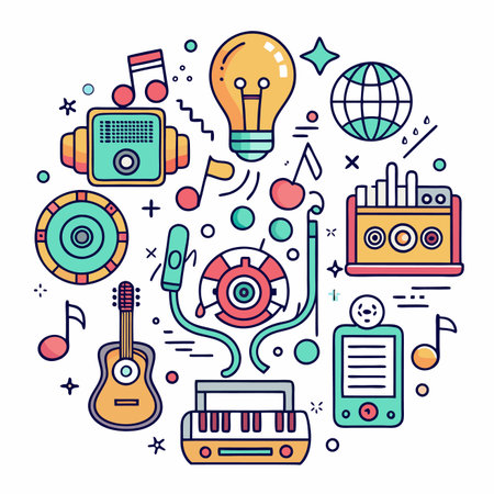 Colorful music icons circle lightbulb, guitar, keyboard, headphones, world, and moreのイラスト素材