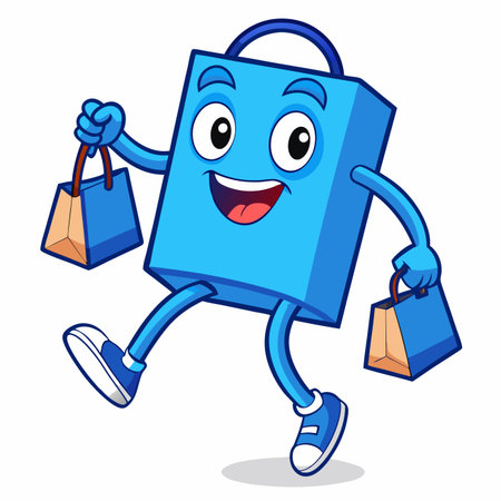 Cheerful blue shopping bag character walks, carrying smaller bags. Happy face, arms, legs, shoesのイラスト素材