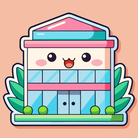 Cute building cartoon. Pink roof. Friendly eyes. Green plants. Pastel tonesのイラスト素材