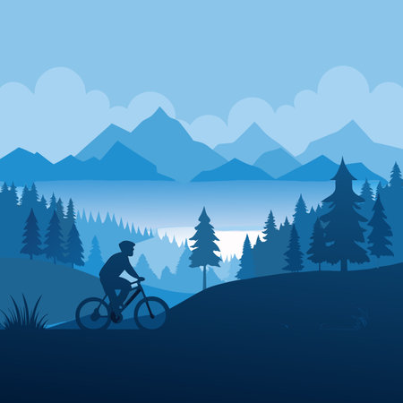 Biker silhouette rides through blue mountainous landscape with tall treesのイラスト素材
