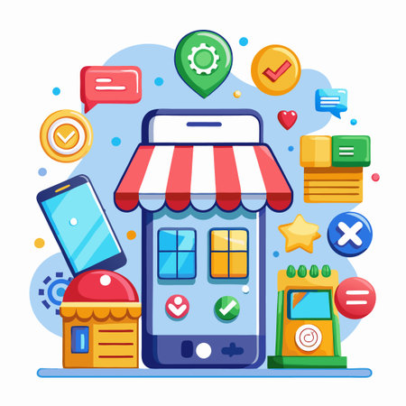 Colorful, fun illustration Smartphone storefront, icons, boxes, star, and shapes in a digital commerce schemeのイラスト素材