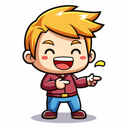 Laughing character with blonde hair, pointing. Red shirt, blue jeans, cartoon styleのイラスト素材