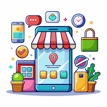 Online shop illustration with mobile phone, objects, and decorative icons around itのイラスト素材