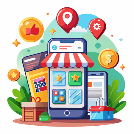 Online shopping illustration with mobile phones, awning, map pins, coins, and plants. Cartoon styleのイラスト素材