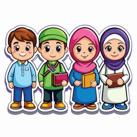 Cartoon depiction of diverse Muslim school children holding books &amp; smilingのイラスト素材