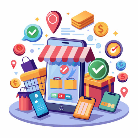 Online storefront on mobile device with purchases, markers, and currency symbolsのイラスト素材