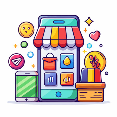 Online shopping. Phone screen has app icons with storefront roof. Accessories surroundのイラスト素材