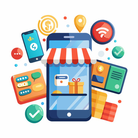 Online store concept Phone with awning, coins, cards, payment icons, and gift boxのイラスト素材