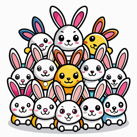 Cartoon rabbits. Variety of colored, happy bunny friendsのイラスト素材
