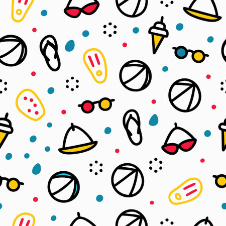 Summery white pattern. Beach balls, swimwear, ice cream, and sandals repeat across the background