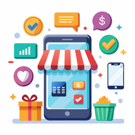 App featuring various functions with gift, dollar sign, checkmarks, heart, and chat iconsのイラスト素材