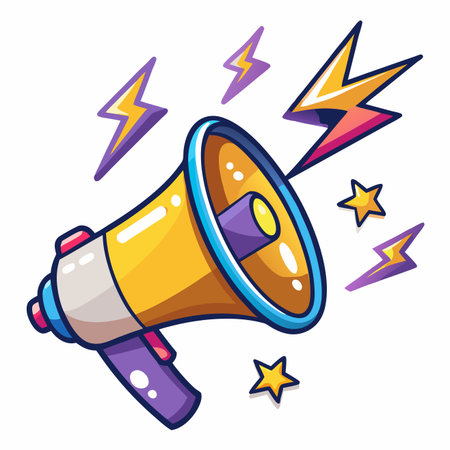 Loud yellow megaphone surrounded by star and lightning bolt graphicsのイラスト素材