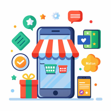 Mobile device shopping with vibrant icons, carts under awning, gift, and chat bubblesのイラスト素材