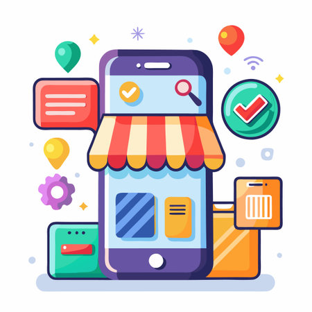 Mobile phone online shopping app interface with icons and awningのイラスト素材