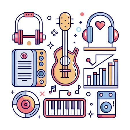 Musical instruments and audio equipment vector illustration, colorful and stylizedのイラスト素材