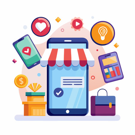 Online store icon with awning, phone, charts, gifts, heart, gear, and lightbulbのイラスト素材